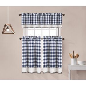 Decotex 3 Piece Buffalo Check Plaid Gingham Crochet Lace Trimmed Kitchen Window